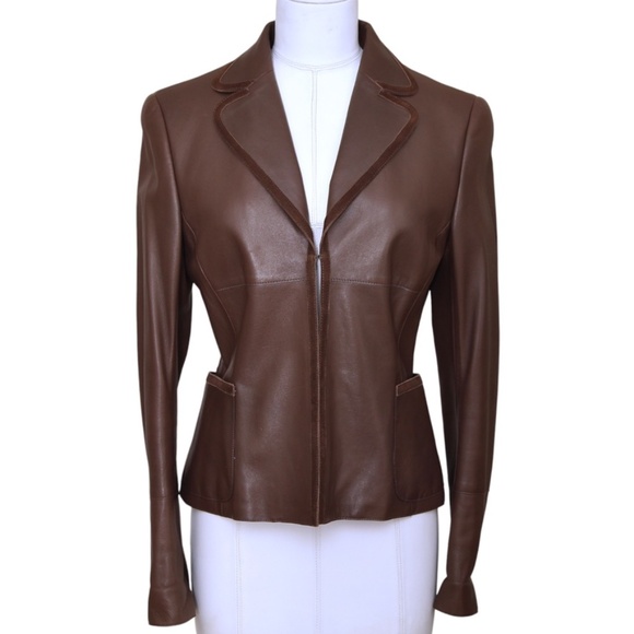 AKRIS Jacket Blazer Coat Leather Brown Suede Long Sleeve Collar Pocket F 38 US 6